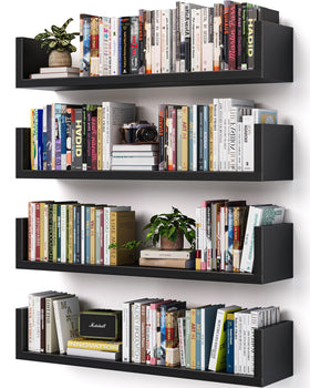 VMROF wall bookshelf U-shaped assembly highlights solid wood and clutter-free floating display.
