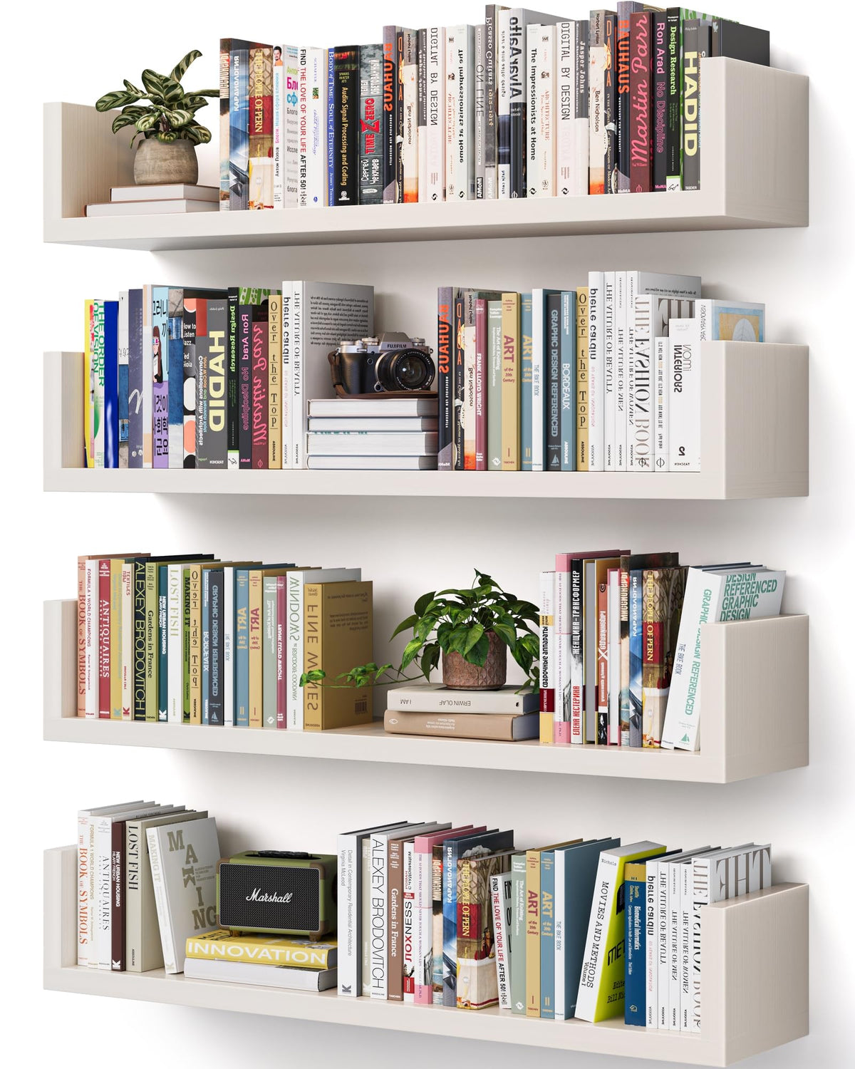VMROF wall bookshelf with U shaped floating design highlighting natural wood grain for elegant storage