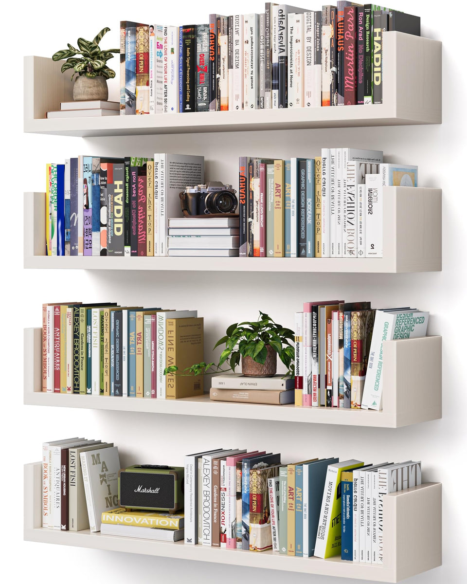 VMROF wall bookshelf with U shaped floating design highlighting natural wood grain for elegant storage