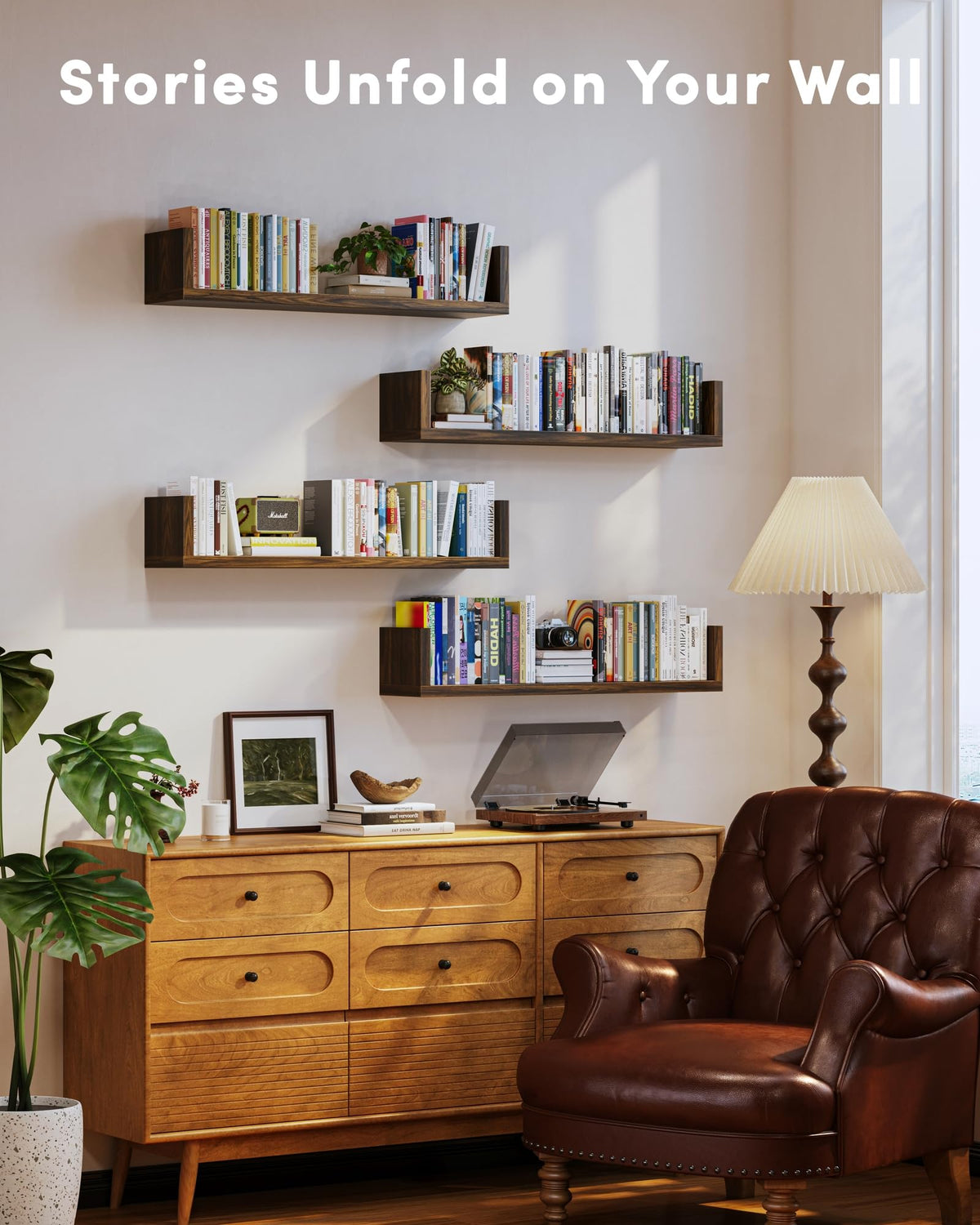 VMROF four-pack floating shelves creating a seamless gallery wall