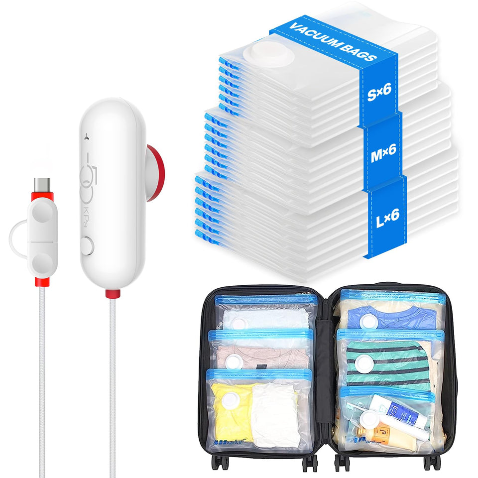 VMstr vacuum seal bags demonstrate space-saving travel organization