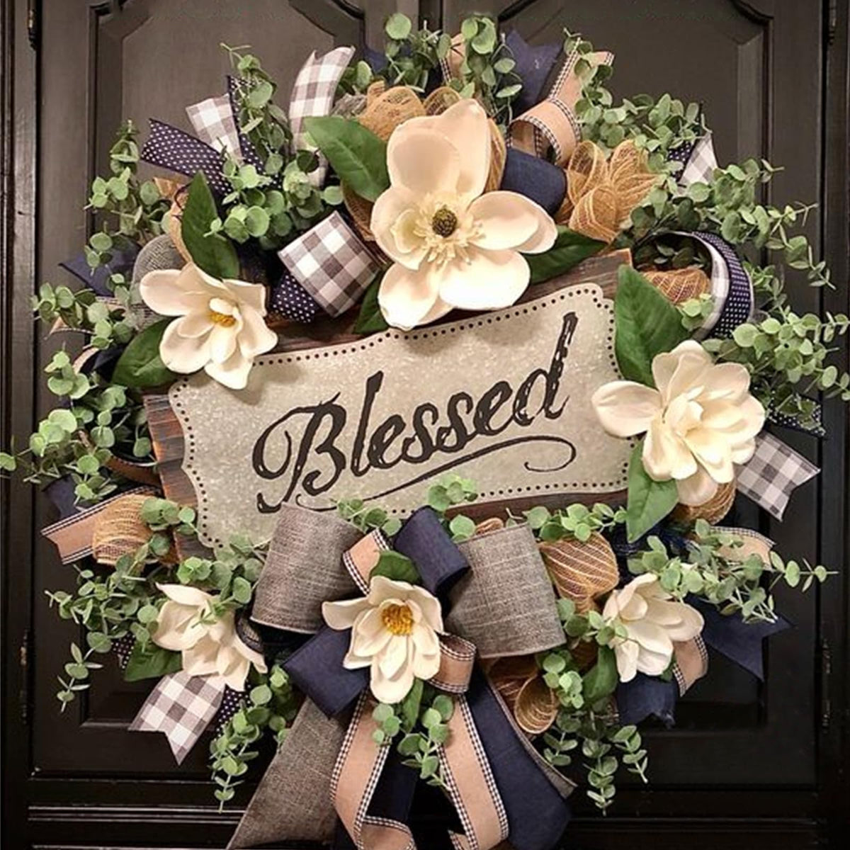 Vofuly spring-summer wreath for front door with white florals and greenery.