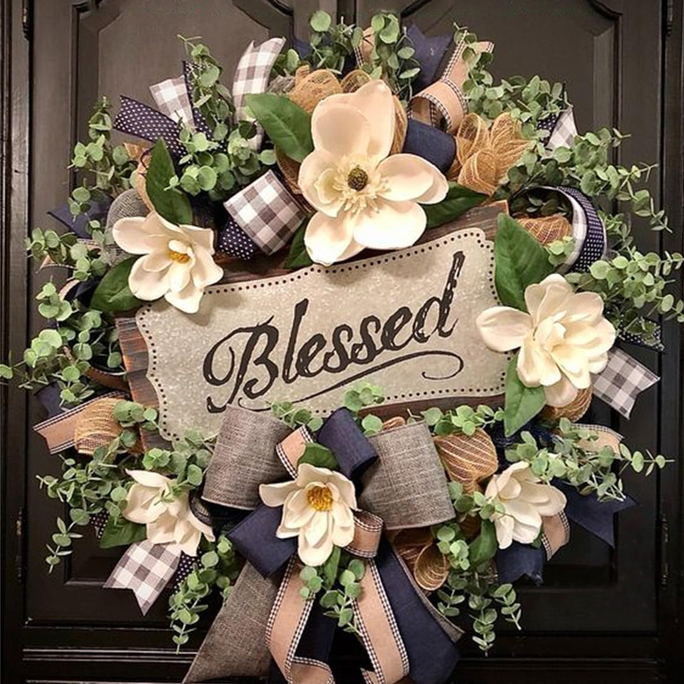 Vofuly spring-summer wreath for front door with white florals and greenery.