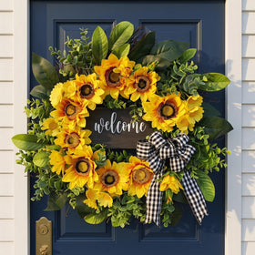 Vofuly sunflower wreath front door with welcome sign adds cheerful farmhouse charm.