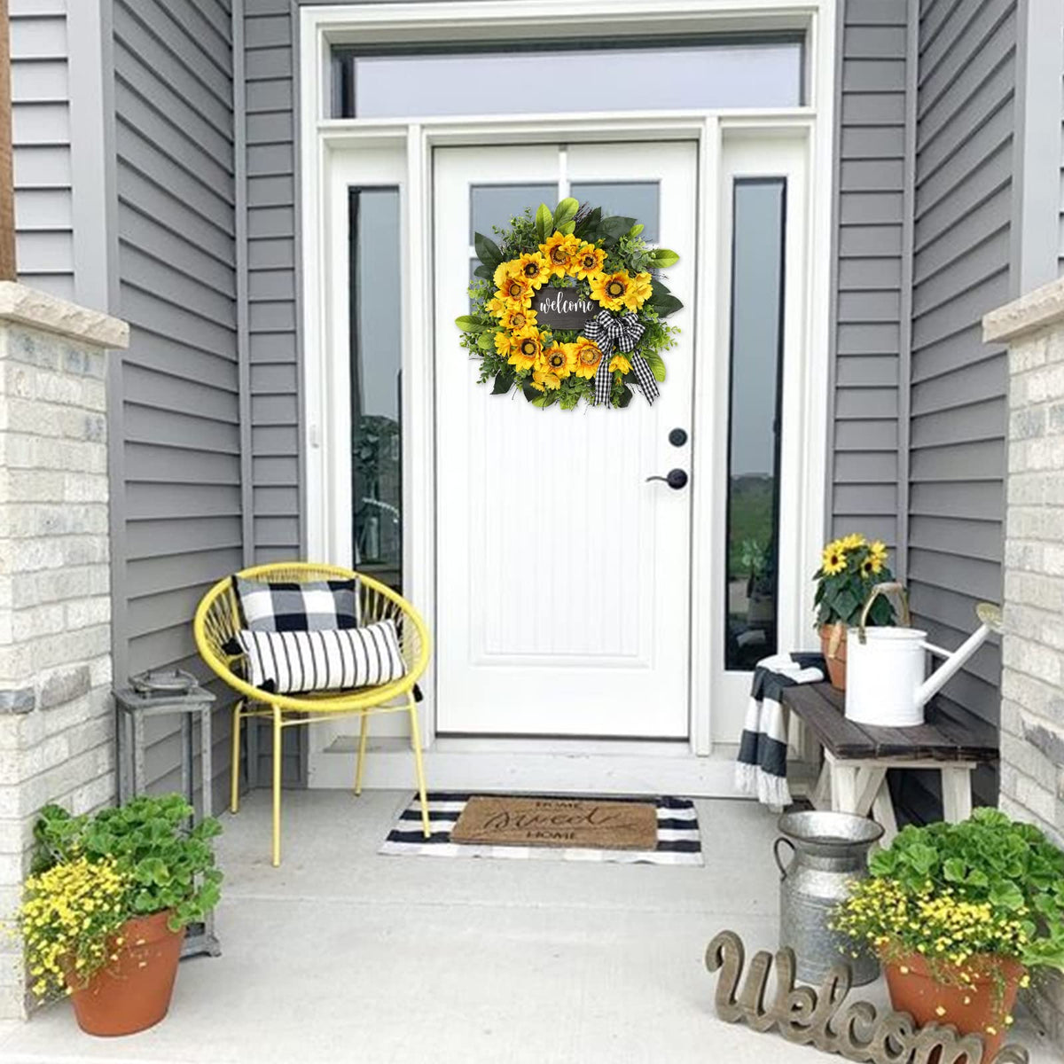 Vofuly grapevine-base wreath showcases vivid sunflowers for rustic decor.