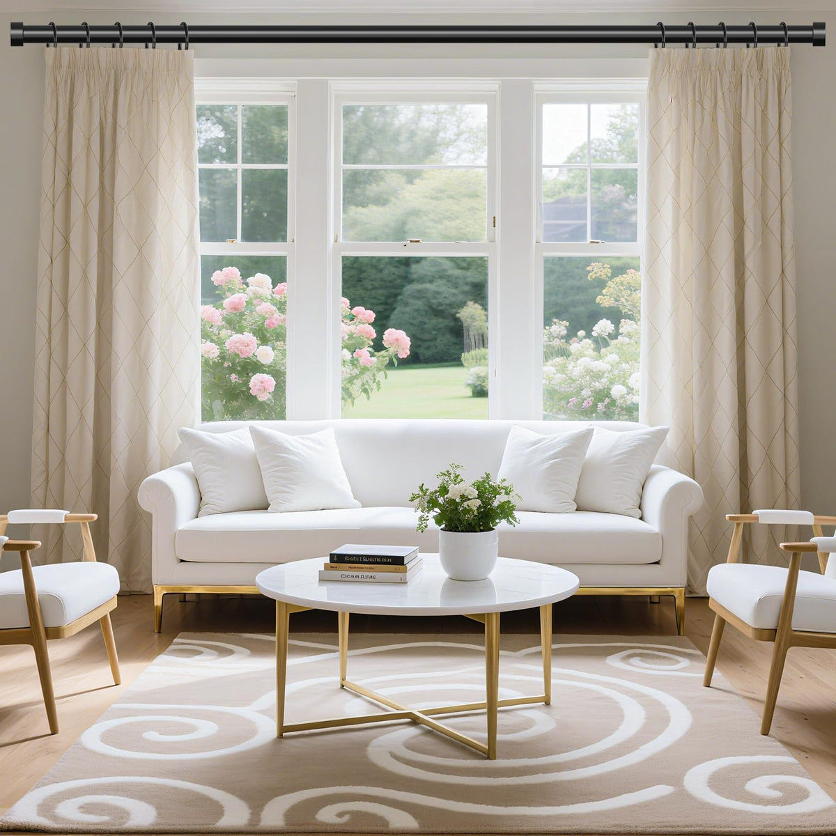 VOIIY black finish curtain rod with modern end cap finials