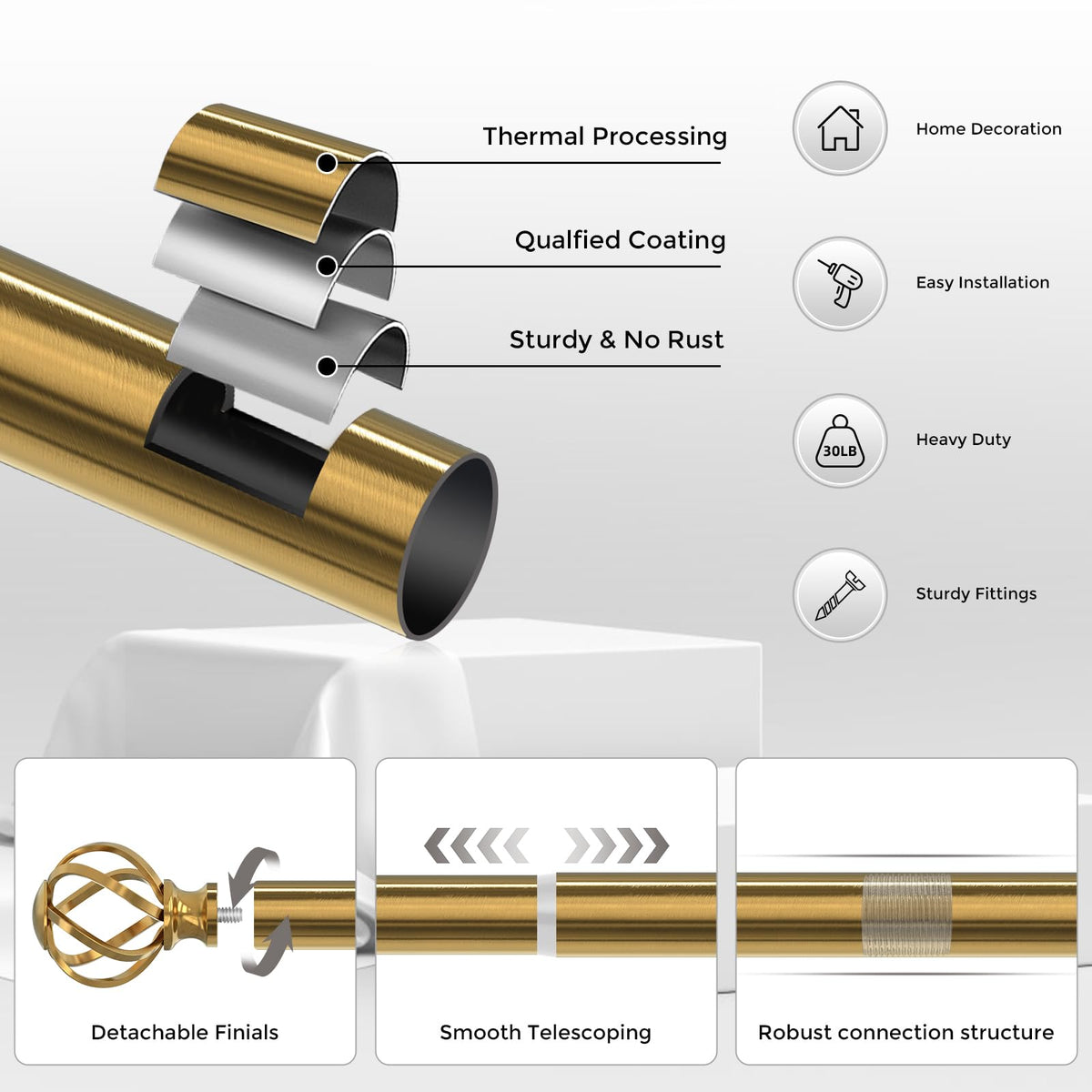 VOIIY heavy-duty curtain rod supports lightweight to heavy drapes