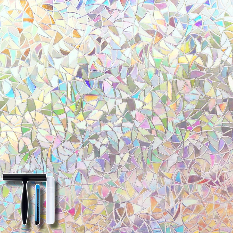 Volcanics privacy film rainbow glass close-up showing colorful light diffusion