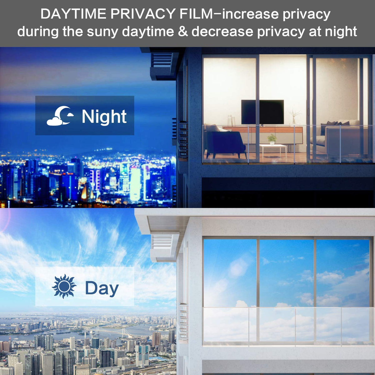 Volcanics privacy film demonstrates daytime mirror effect for blocked outdoor views.