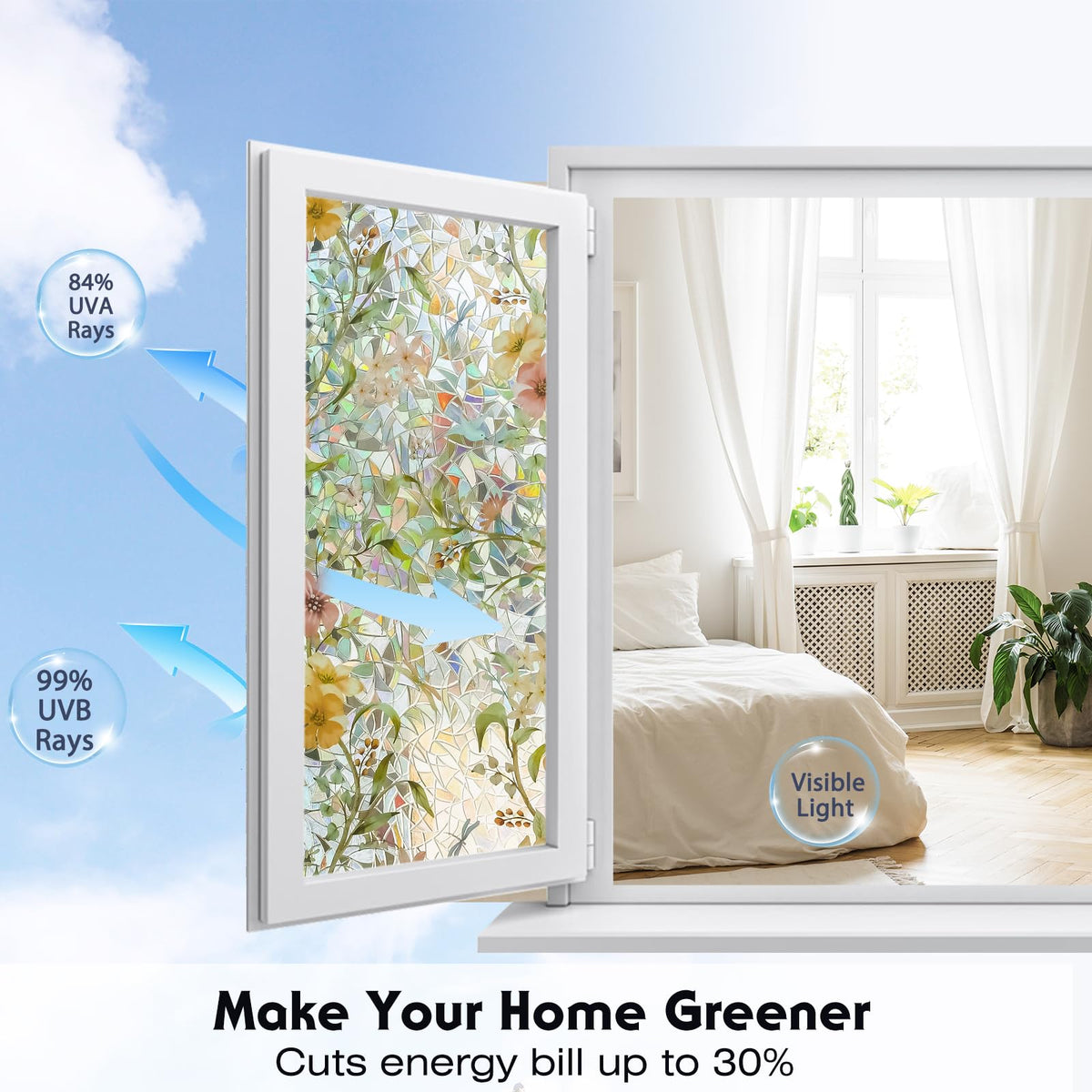 Volcanics rainbow-effect film creates colorful light patterns on glass.