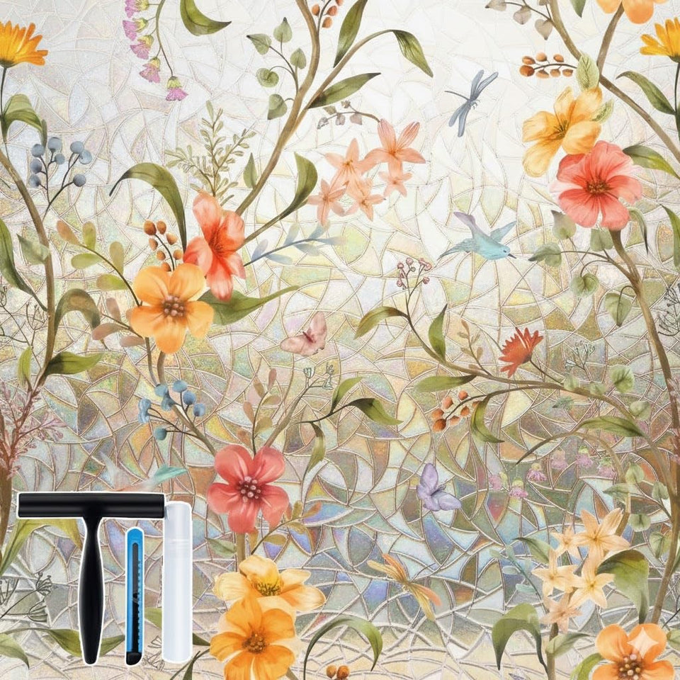 Volcanics stained glass look floral design enhances privacy while adding vintage charm.