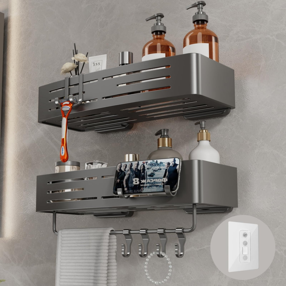 Voldra adhesive shower caddy 2-pack wall mount keeps bottles organized.