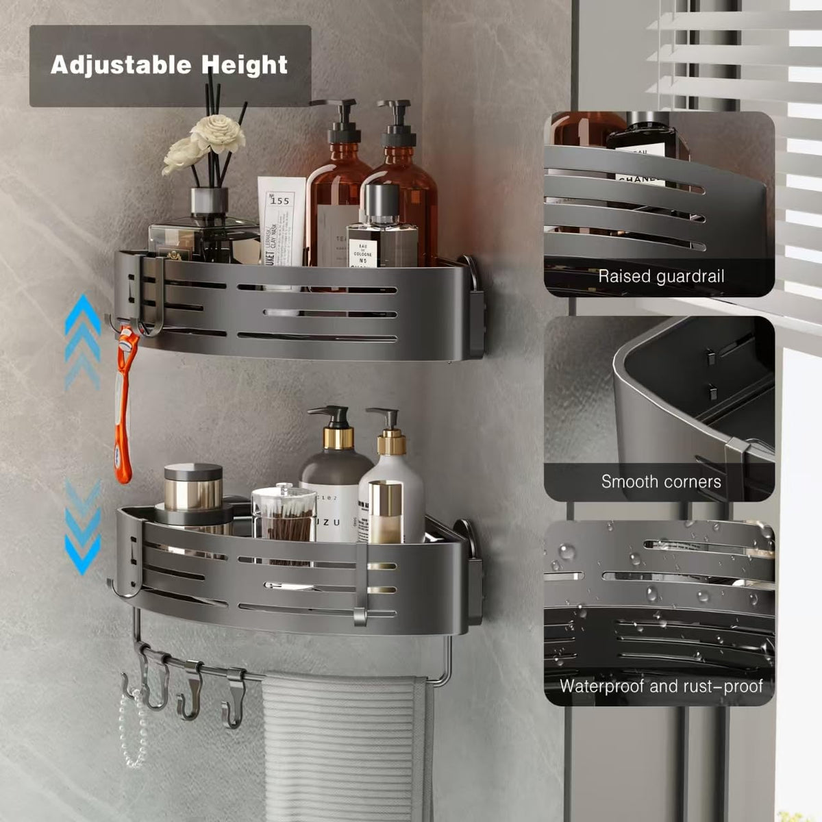 Voldra aluminum corner shelf no drilling for clutter-free bathroom storage.