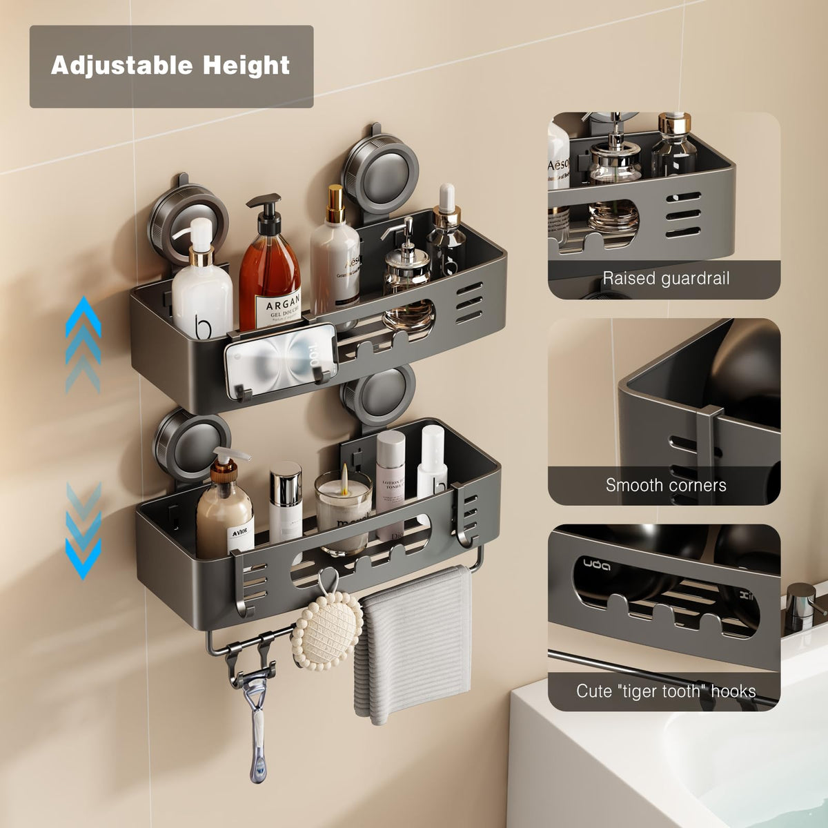 Voldra aluminum shower shelves wall-mount for rust-free durability.