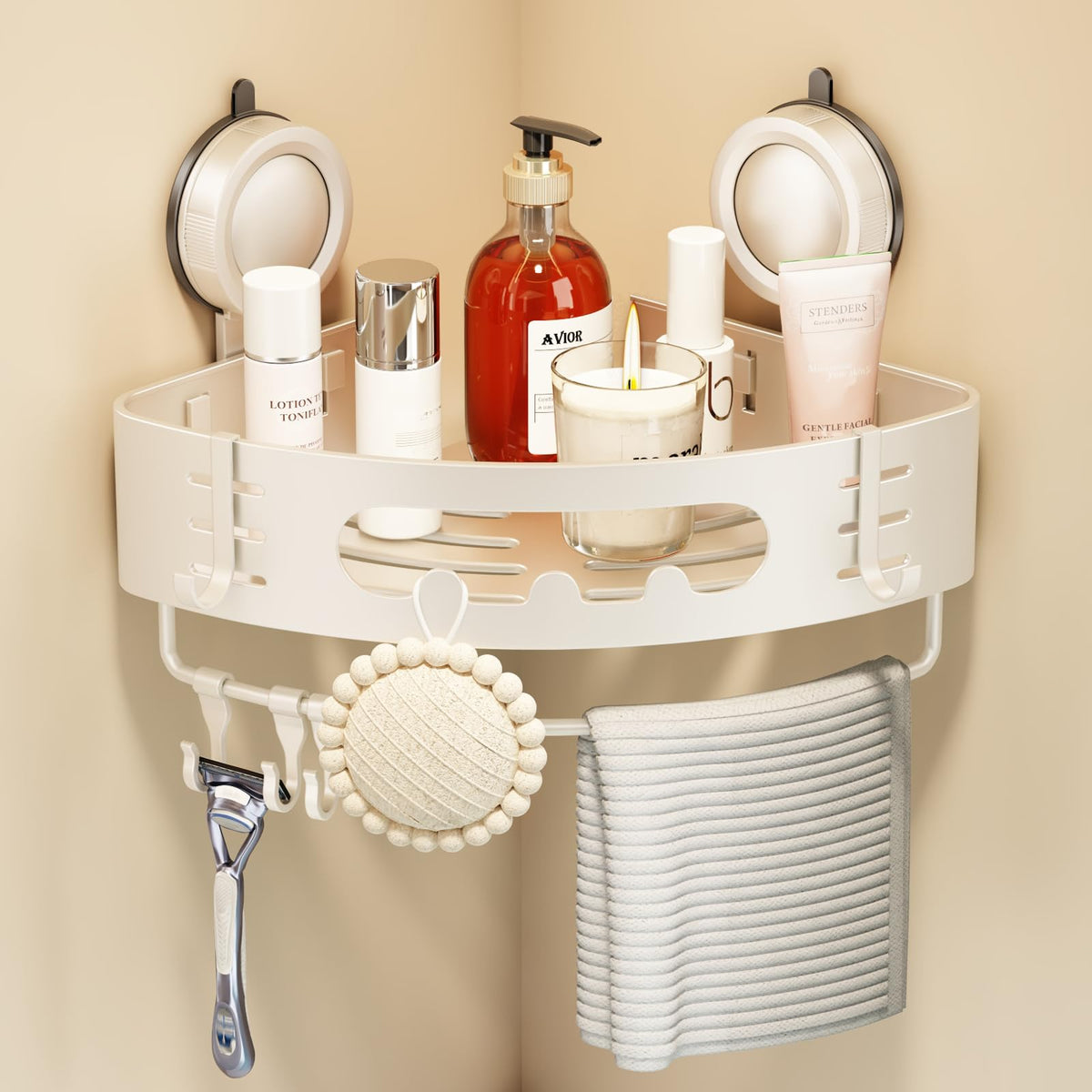Voldra corner shower caddy with strong suction cup for clutter-free shower storage