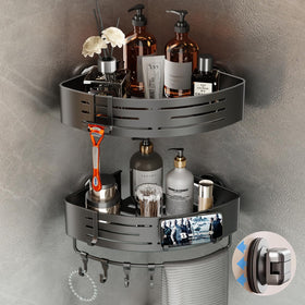 Voldra corner shower caddy with suction cup keeps bottles secure and organized.