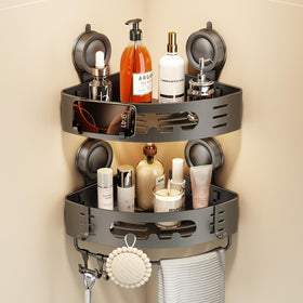 Voldra corner shower caddy with strong suction cups for secure bathroom storage.