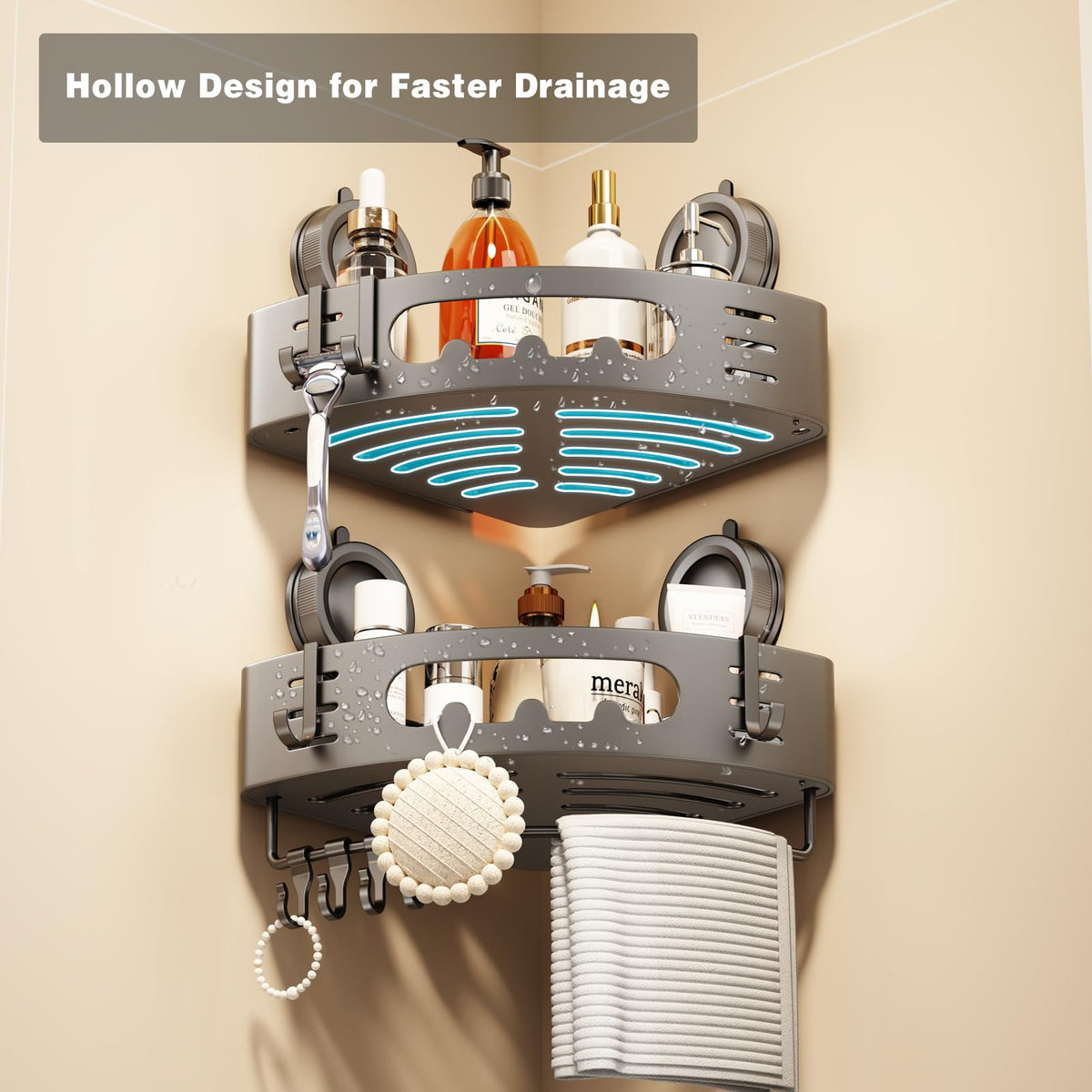 Voldra large-capacity shower shelf holds shampoo and more.