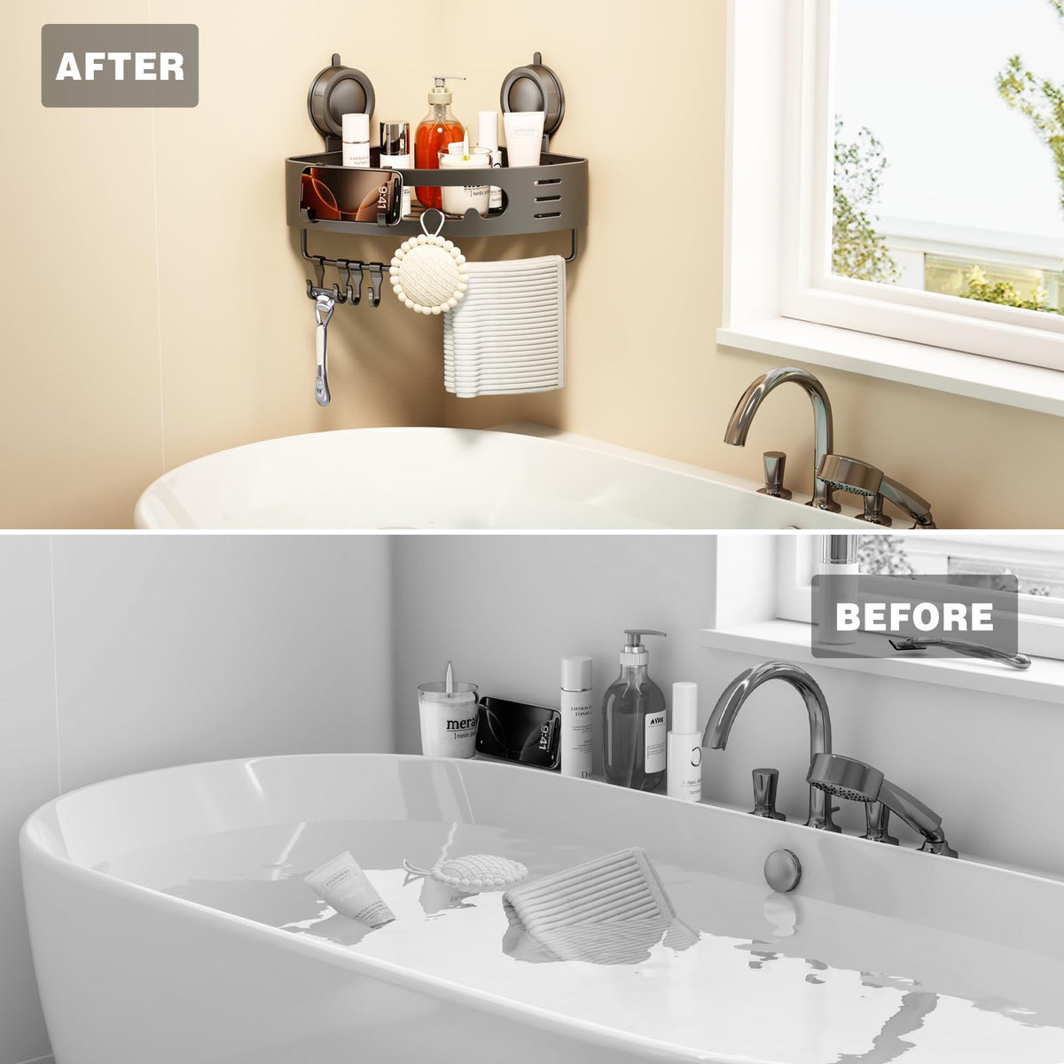 Voldra multi-function shower organizer fits compact baths and RVs.
