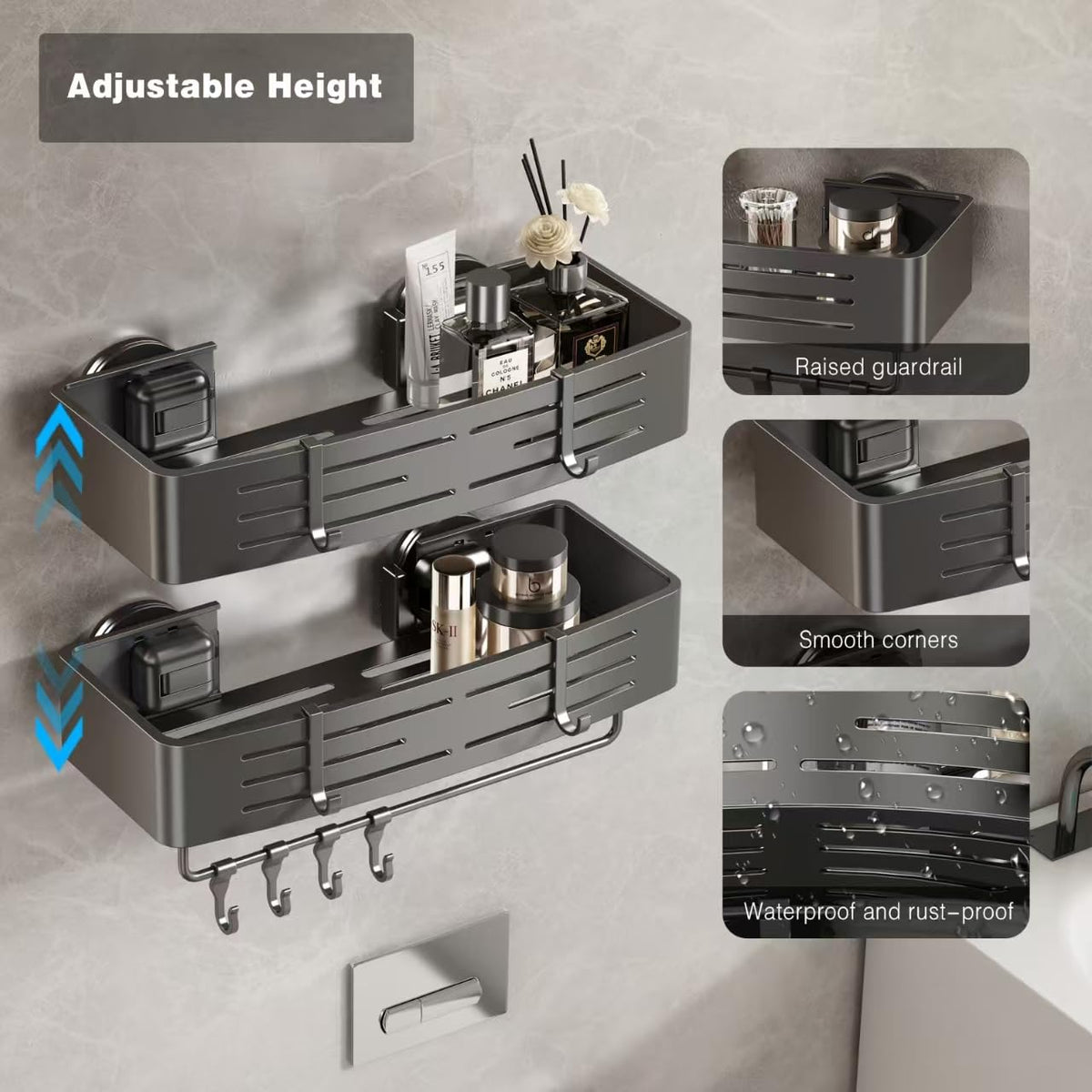 Voldra basket and hooks on the caddy help organize shower essentials.