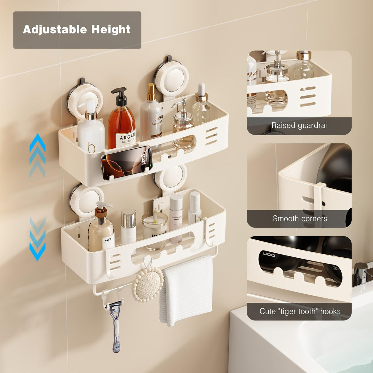 Voldra corner shelf inside shower shows towel bar and hooks for organization