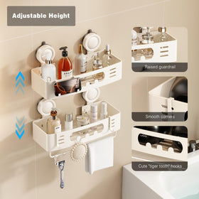 Voldra corner shelf inside shower shows towel bar and hooks for organization