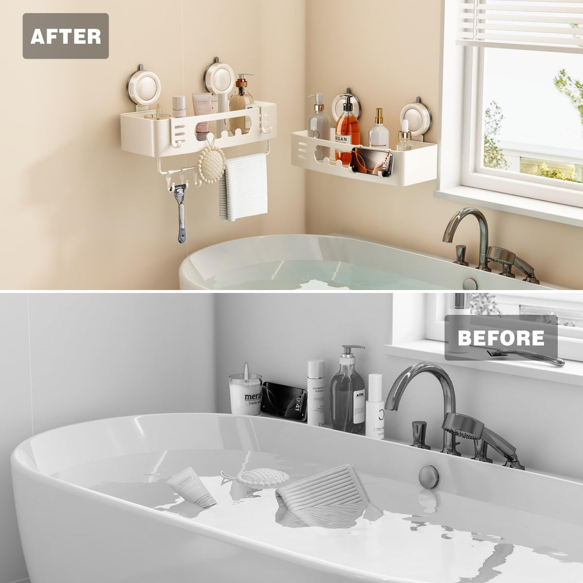 Voldra shower caddy mounted on smooth tile surface with secure grip