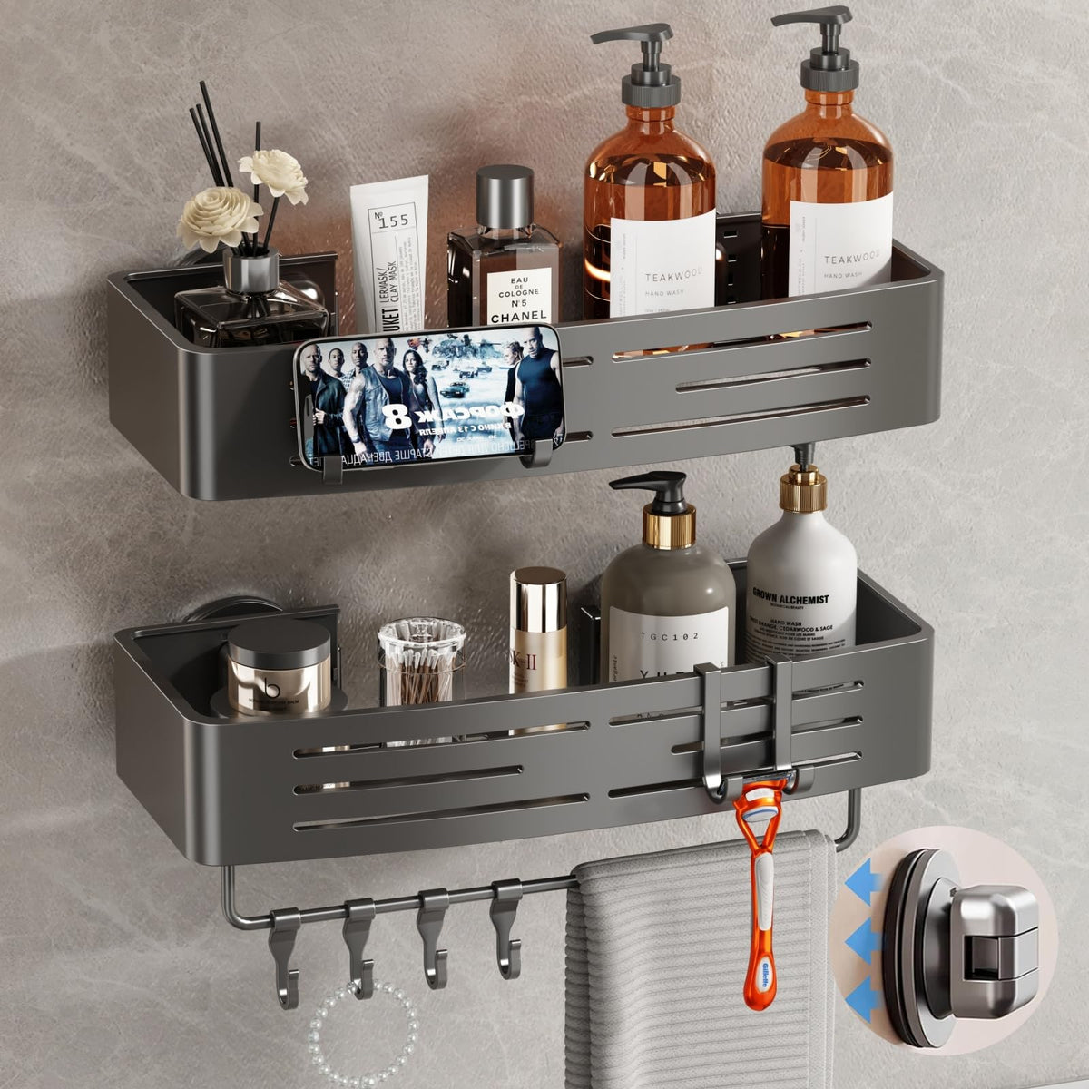 Voldra shower caddy with suction cup two-pack provides strong grip on smooth walls.