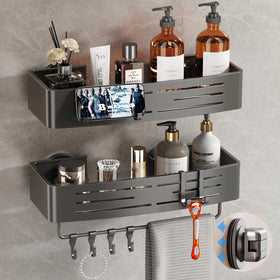 Voldra shower caddy with suction cup two-pack provides strong grip on smooth walls.