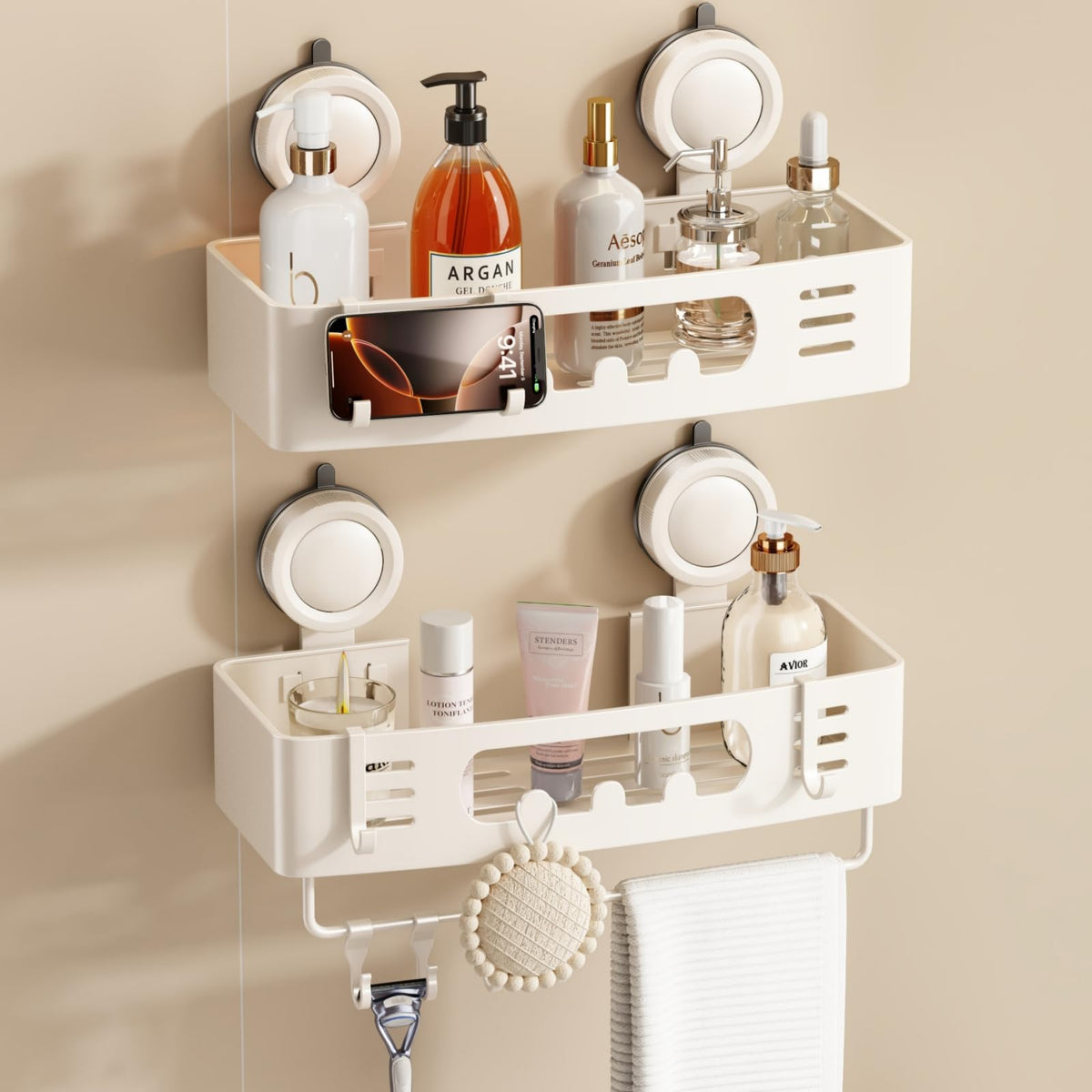 Voldra shower caddy with suction cup assembly demonstrates secure no-drill installation