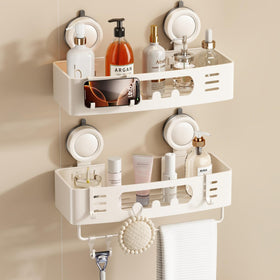Voldra shower caddy with suction cup assembly demonstrates secure no-drill installation