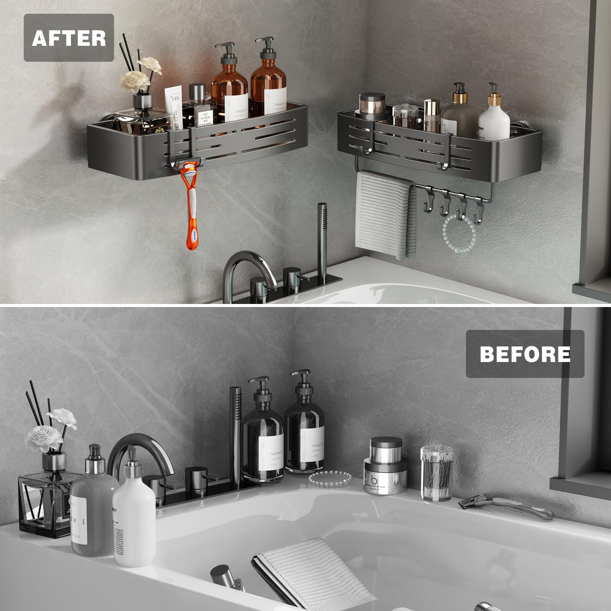 Voldra shower caddy installs on smooth walls without drilling.