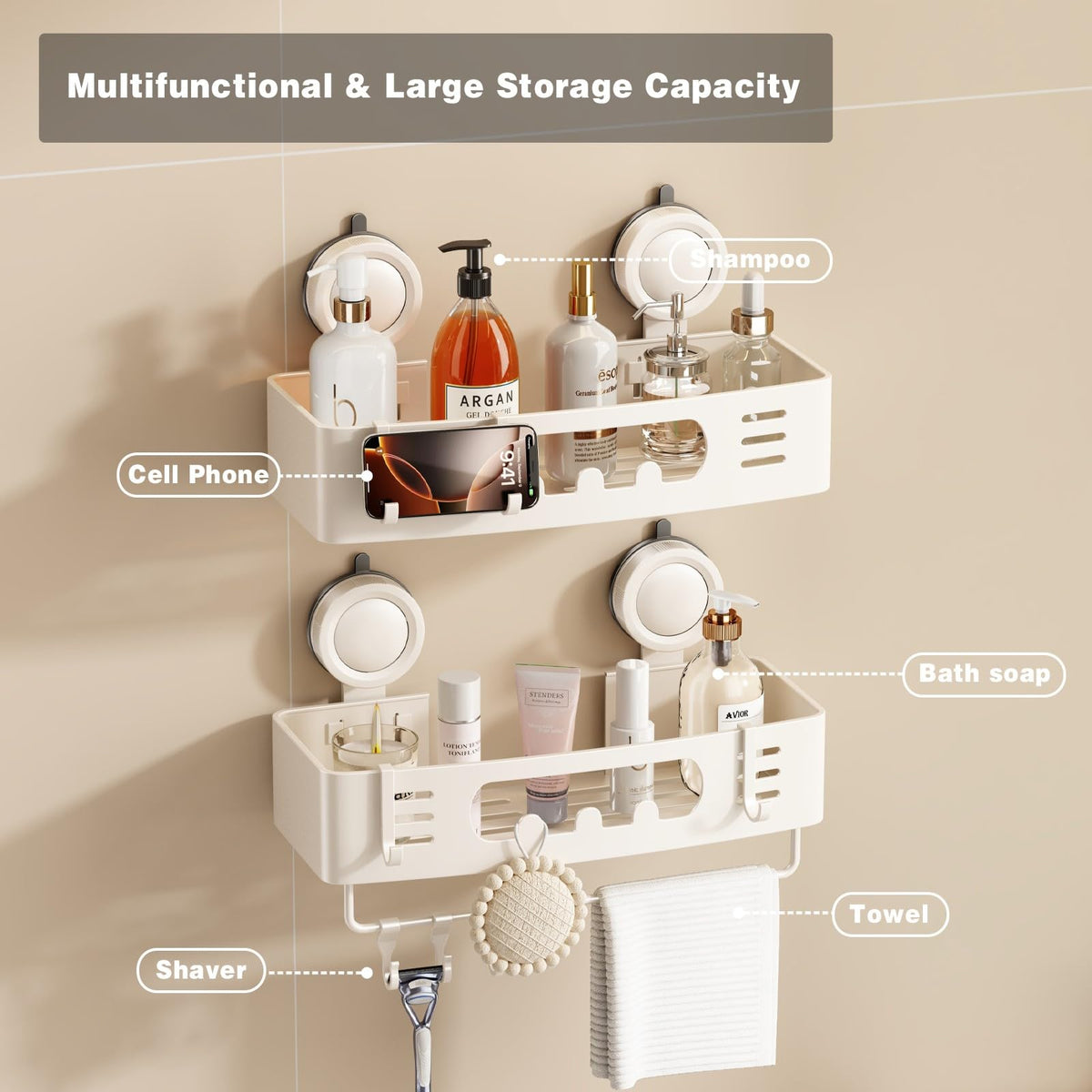 Voldra wall-mounted organizer fits shampoo, conditioner, and body wash