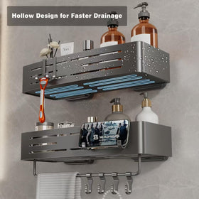 Voldra shower caddy with towel bar and hooks for essentials.
