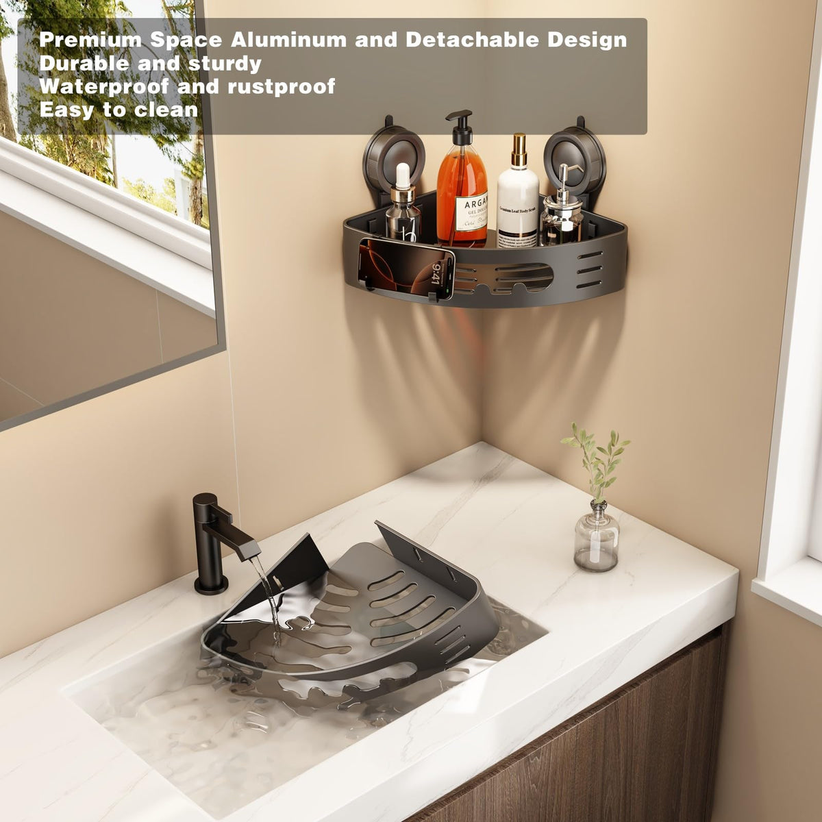Voldra towel bar and hooks organize towels and razors.