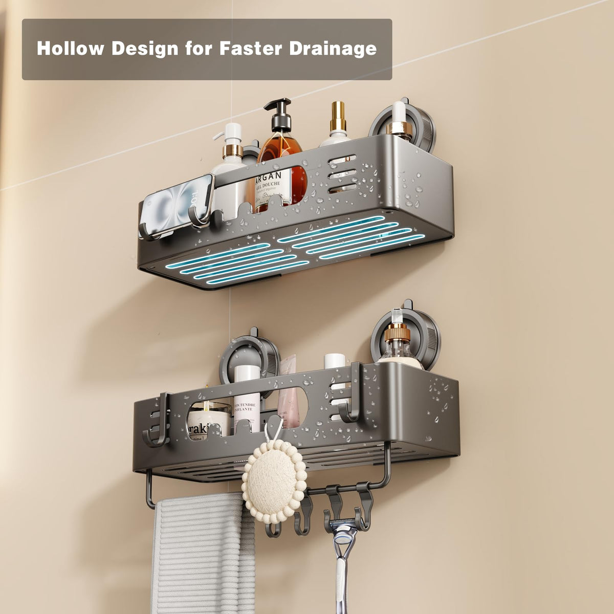 Voldra towel bar and detachable hooks for towels and accessories.