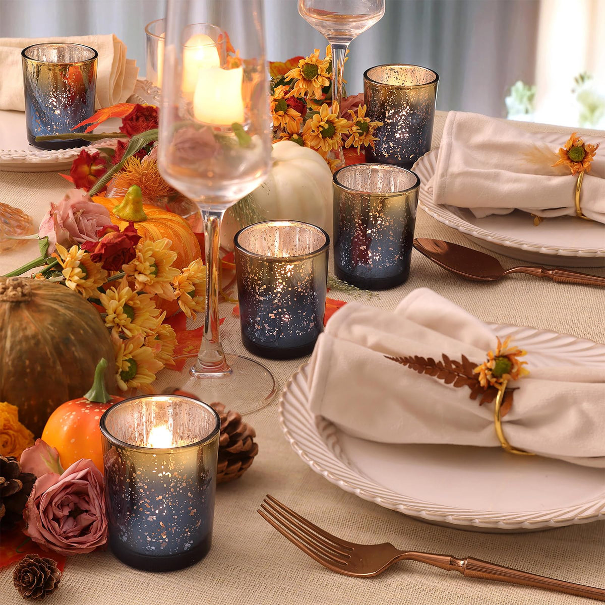 Mercury glass speckled navy finish enhances candlelight ambiance