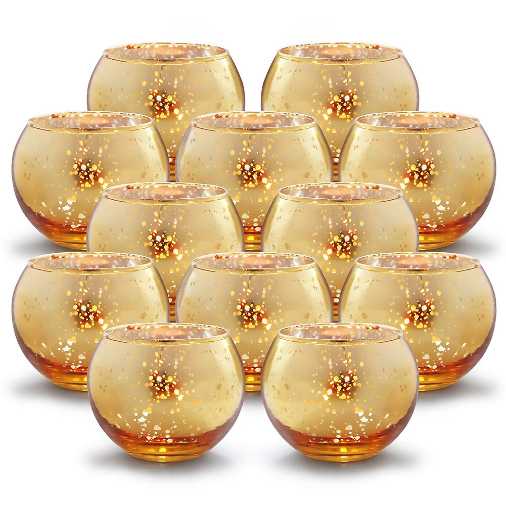 Volens round gold mercury glass votive set enhances table ambiance.