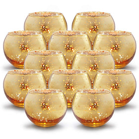 Volens round gold mercury glass votive set enhances table ambiance.