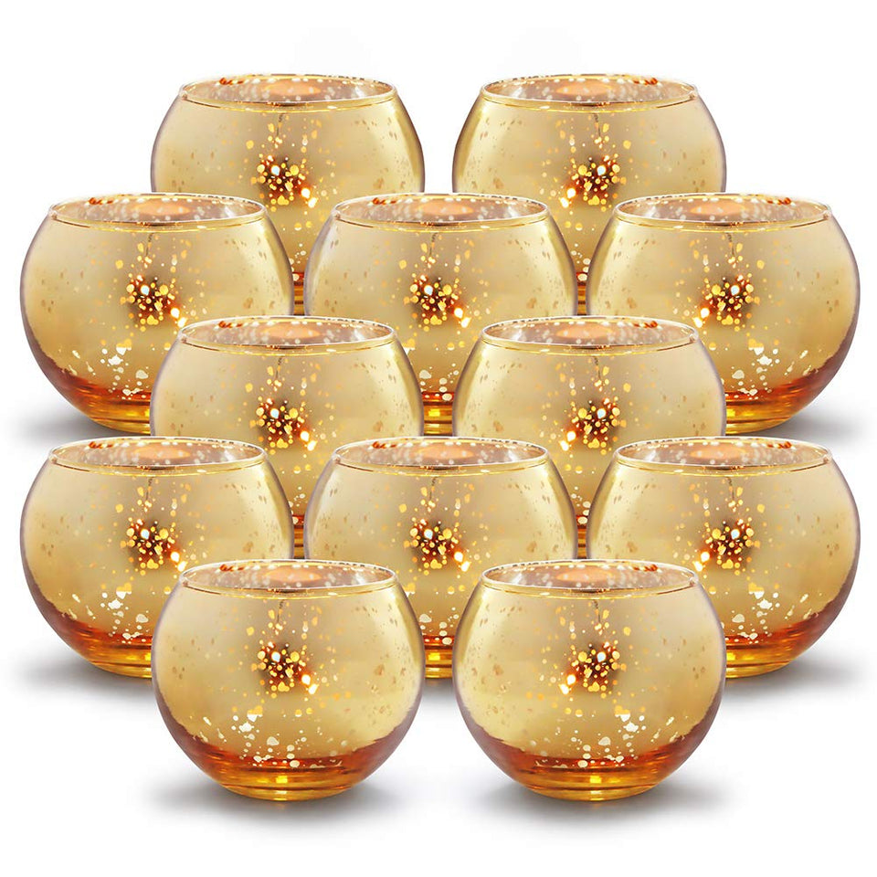 Volens round gold mercury glass votive set enhances table ambiance.