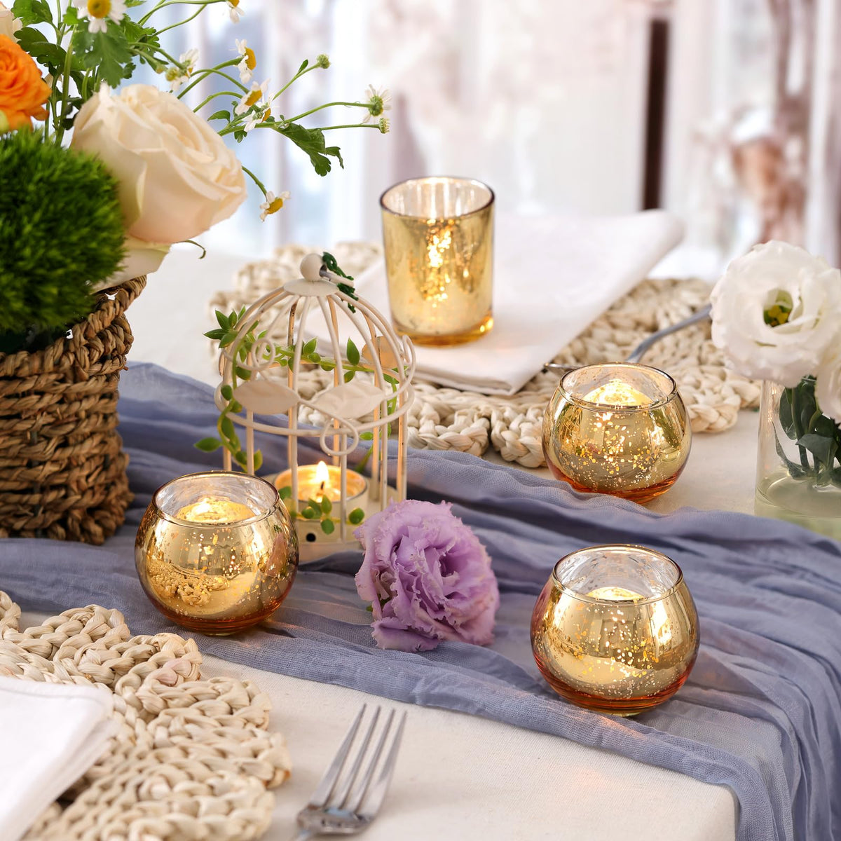 Volens wedding table decor with votive holders adds an elegant centerpiece touch.