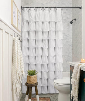 Volens white shower curtain double-layer-pleats provide textured, durable appeal.