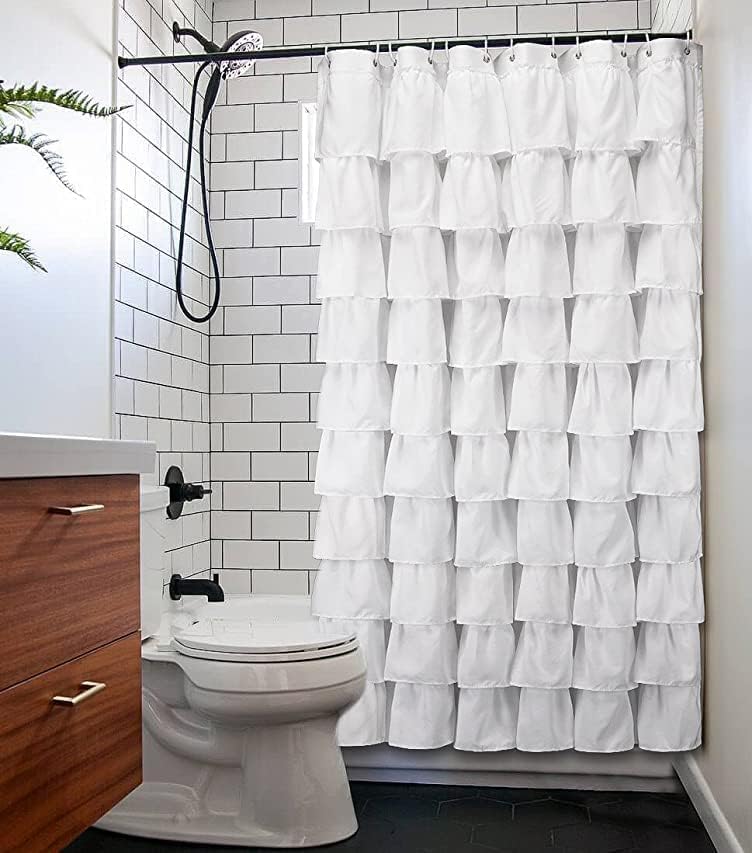 Volens white shower curtain in farmhouse style adds cozy bathroom charm.