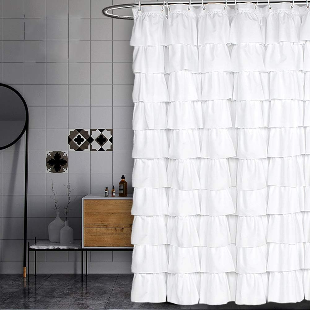 Volens white shower curtain with ruffle-detail enhances privacy and elegant bathroom style.