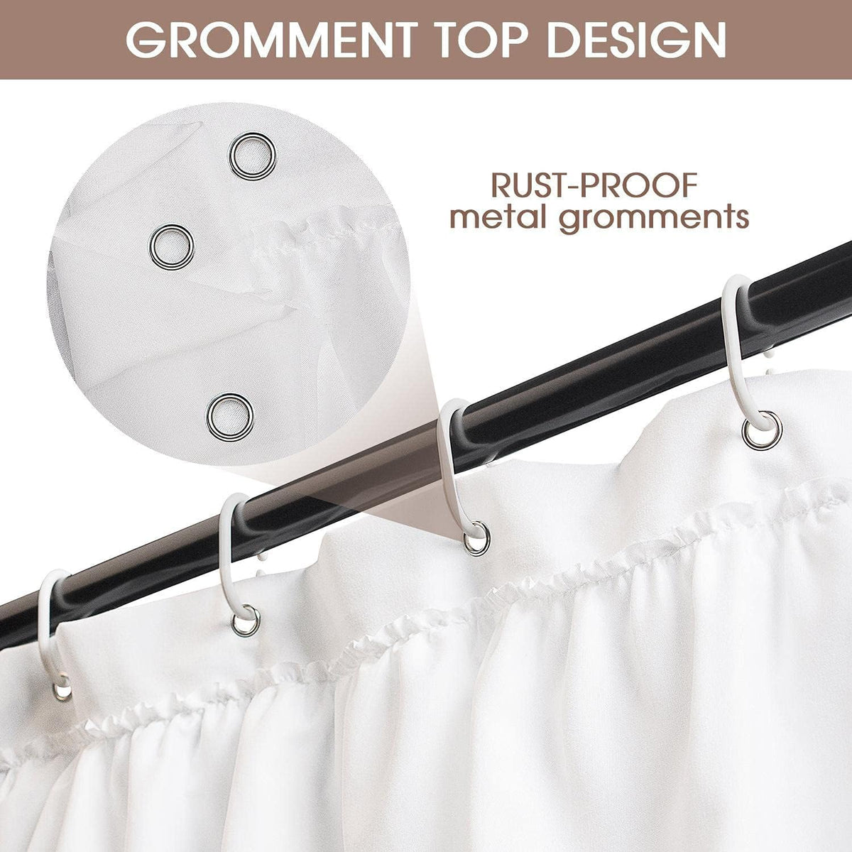 Volens white shower curtain wrinkle-steam care preserves pleats and detail.