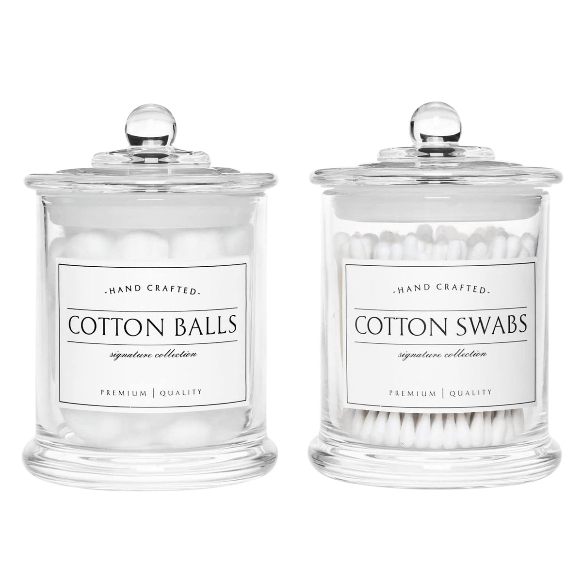 Volisnova farmhouse jar with clear glass for cotton swabs on a tidy vanity.