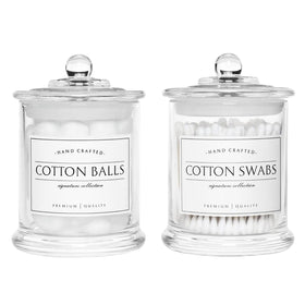 Volisnova farmhouse jar with clear glass for cotton swabs on a tidy vanity.