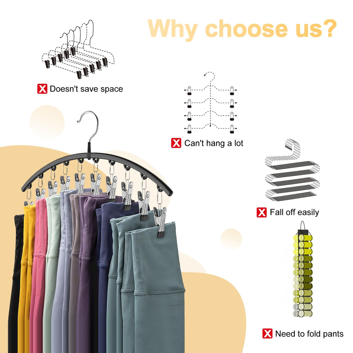 Volnamal clip hangers with 10 clips provide quick, tidy pants organization.