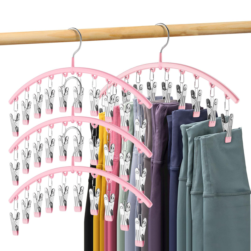 Volnamal legging organizer 4-pack with sturdy pink hangers and 40-clip capacity in a neat closet