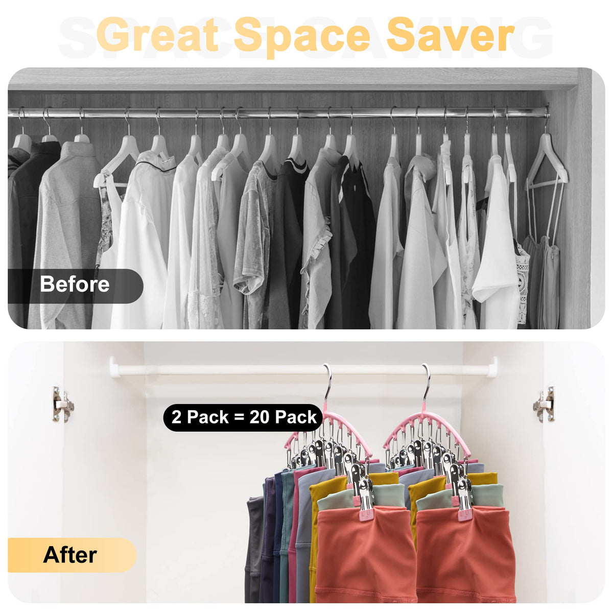 Volnamal yoga pants hangers 2-pack for easy closet organization and quick selection.